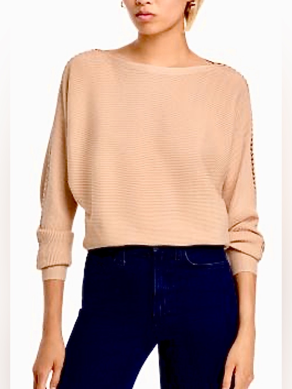 Tahari Ribbed Cropped Batwing Dolman Sweater – Camel Tan Sz L